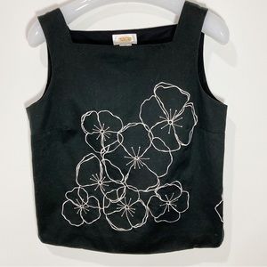 Talbots Black Tank Embroidered White Flowers NWOT